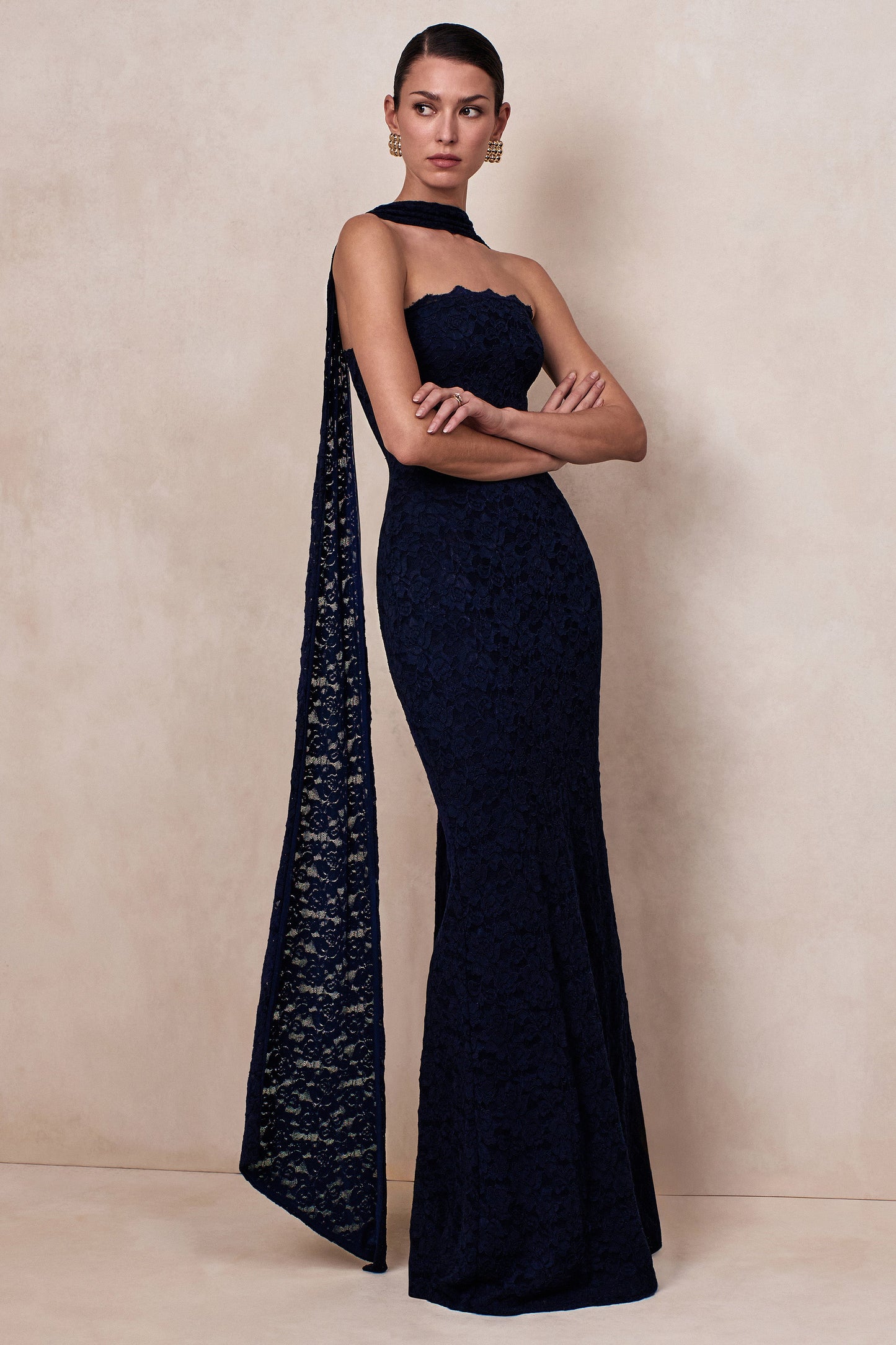 Massima | Navy Lace Bandeau Maxi Dress With Scarf-Detail