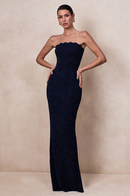 Massima | Navy Lace Bandeau Maxi Dress With Scarf-Detail