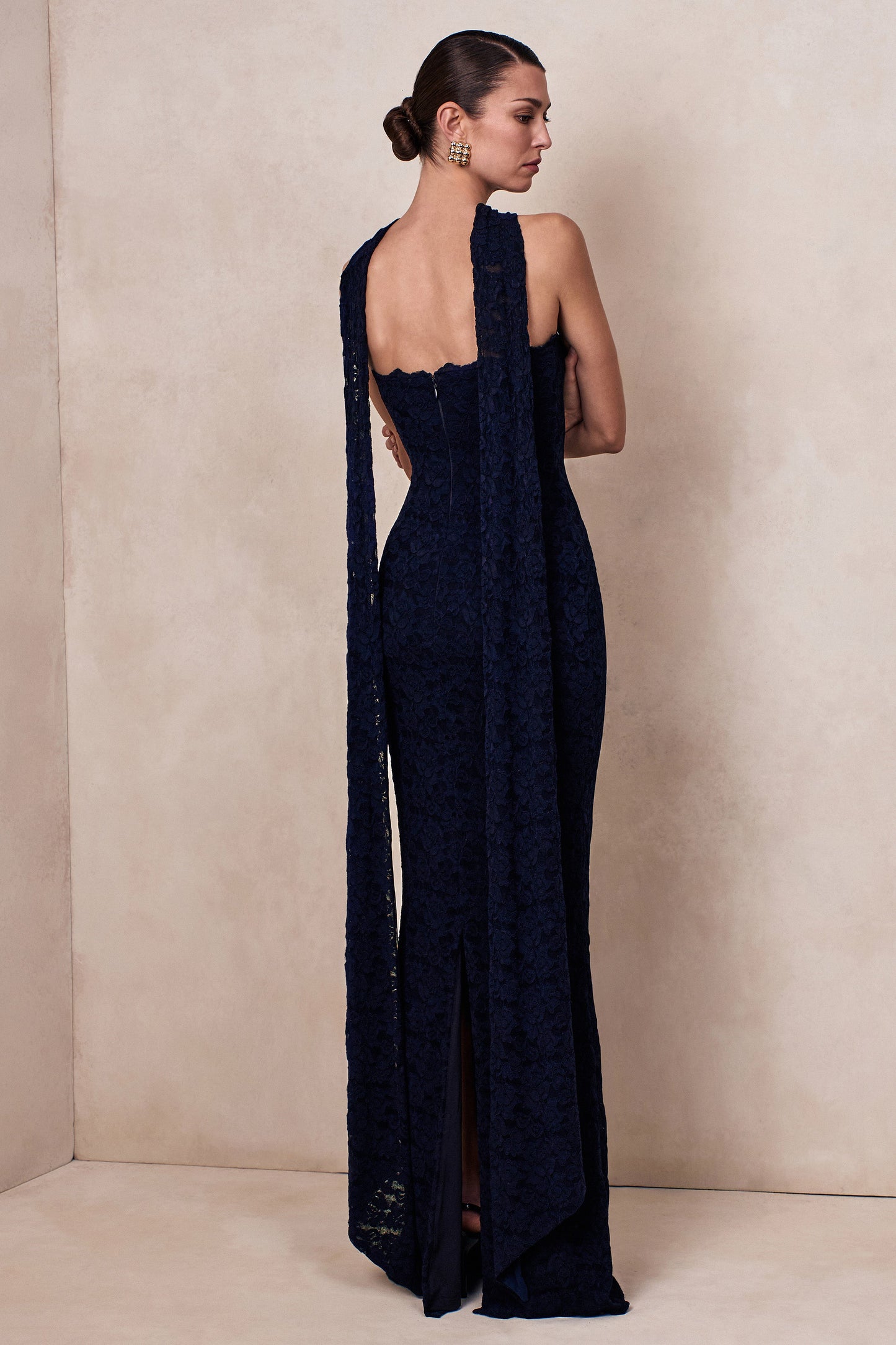 Massima | Navy Lace Bandeau Maxi Dress With Scarf-Detail