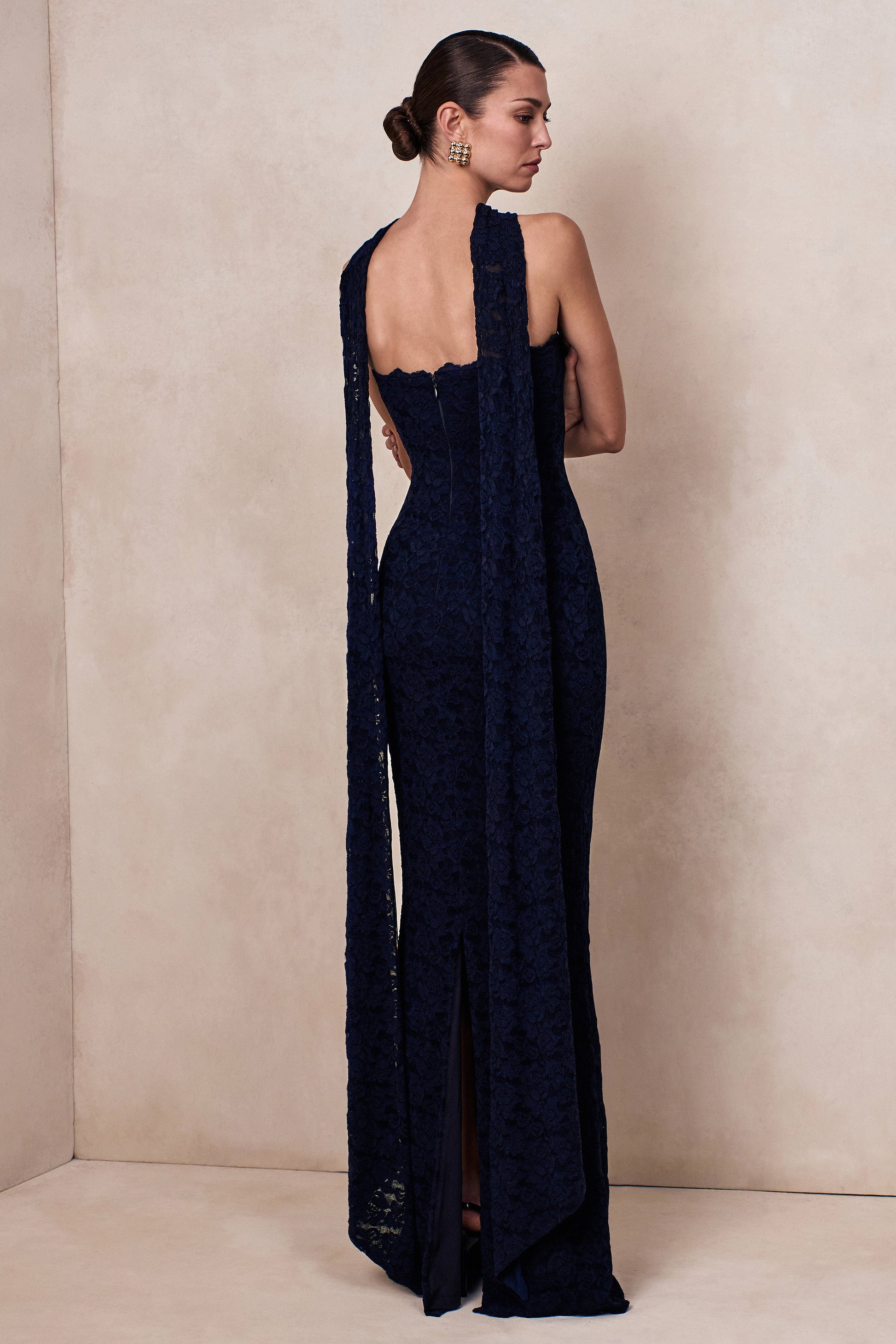 Massima | Navy Lace Bandeau Maxi Dress With Scarf-Detail
