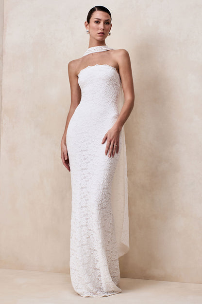 Massima | White Lace Bandeau Maxi Dress With Scarf-Detail