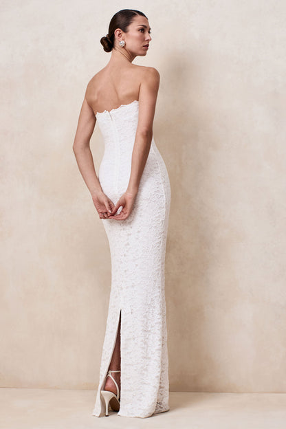 Massima | White Lace Bandeau Maxi Dress With Scarf-Detail