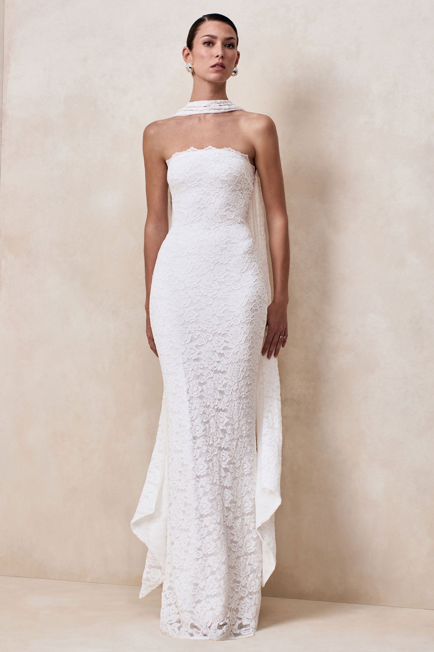 Massima | White Lace Bandeau Maxi Dress With Scarf-Detail