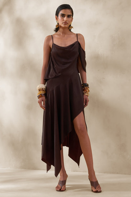 Helira | Brown Asymmetric Midi Dress With Draping Detailing and Open-Back