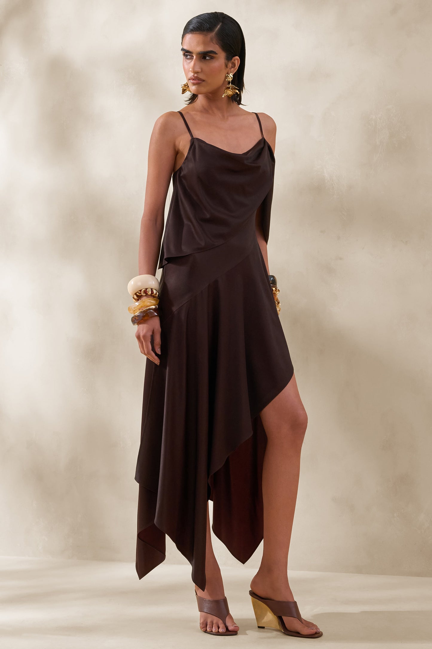 Helira | Brown Asymmetric Midi Dress With Draping Detailing and Open-Back