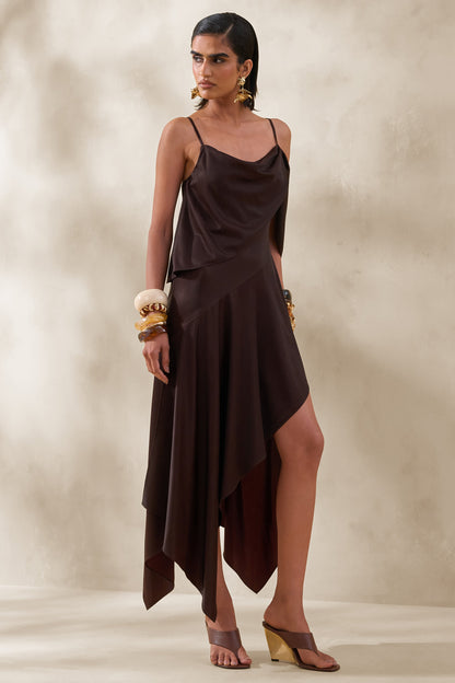 Helira | Brown Asymmetric Midi Dress With Draping Detailing and Open-Back