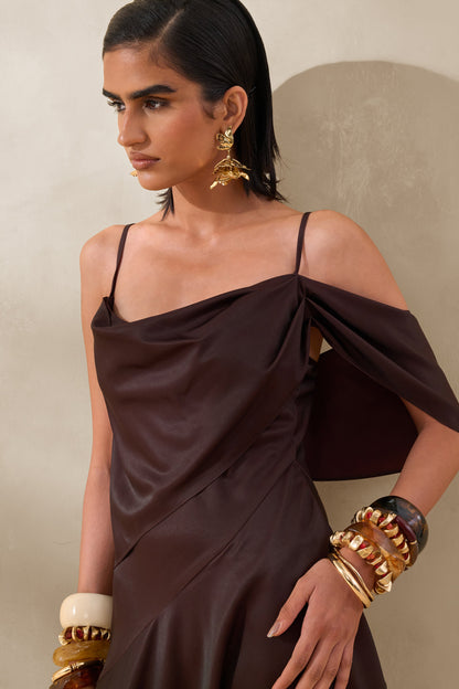 Helira | Brown Asymmetric Midi Dress With Draping Detailing and Open-Back