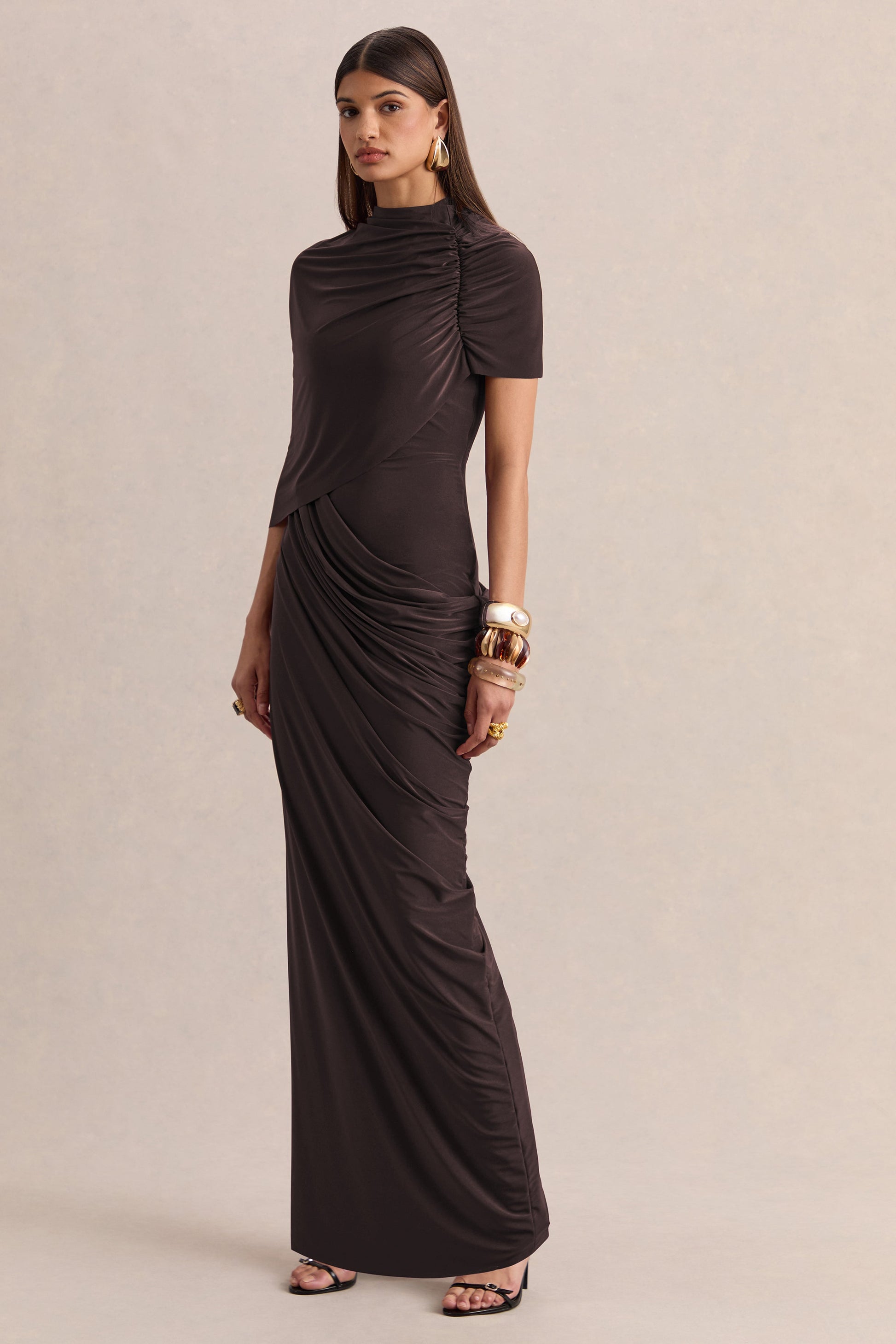Lunaline | Brown High-Neck Maxi Dress With Asymmetric Cape And Draped-Detailing