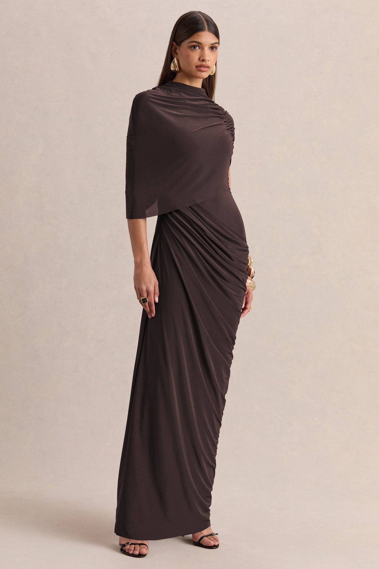 Lunaline | Brown High-Neck Maxi Dress With Asymmetric Cape And Draped-Detailing