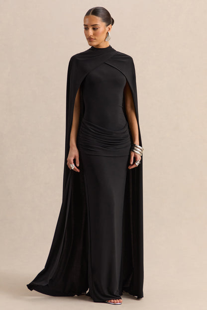 Dianelle | Black High-Neck Maxi Dress With Cape-Sleeves
