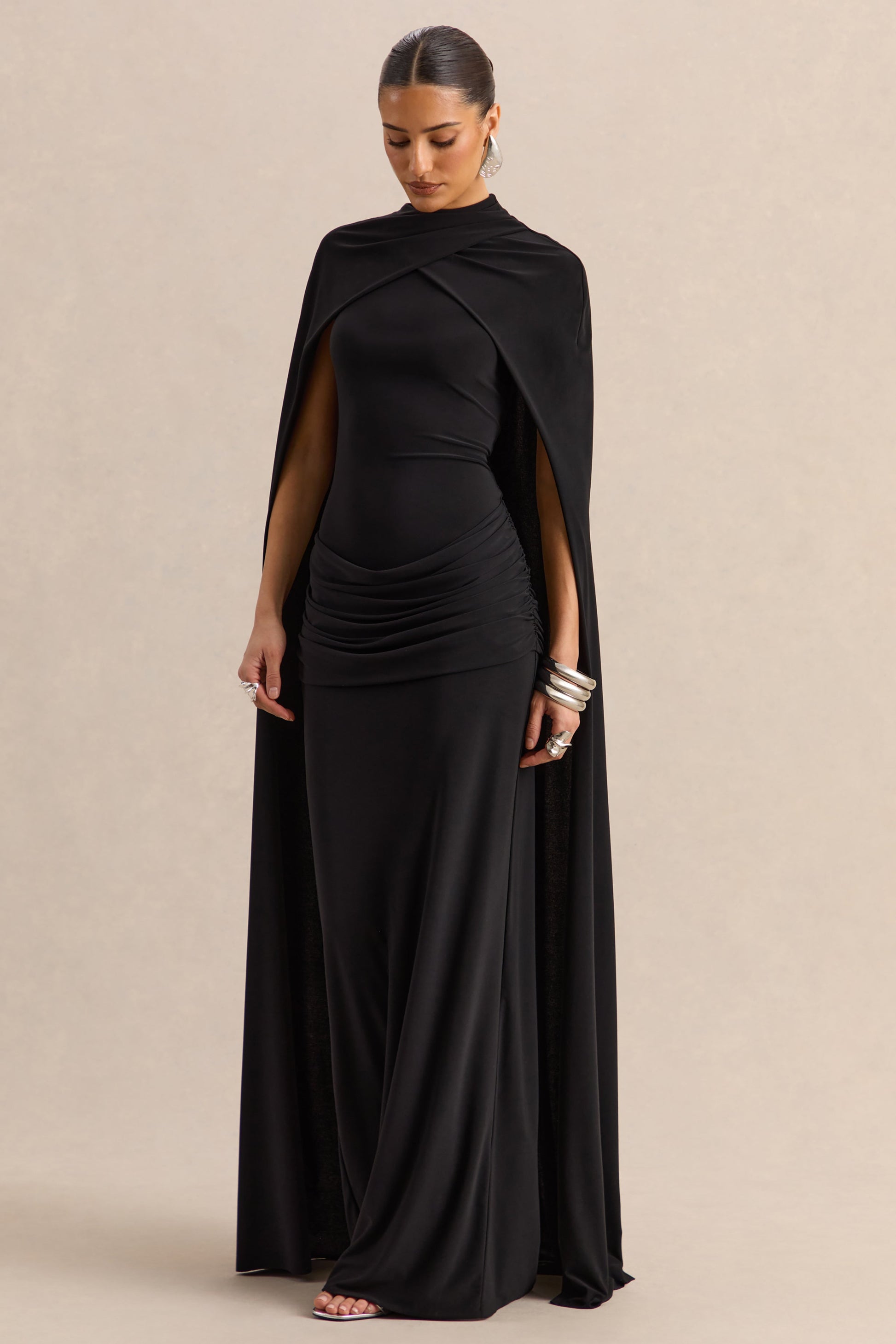 Dianelle | Black High-Neck Maxi Dress With Cape-Sleeves