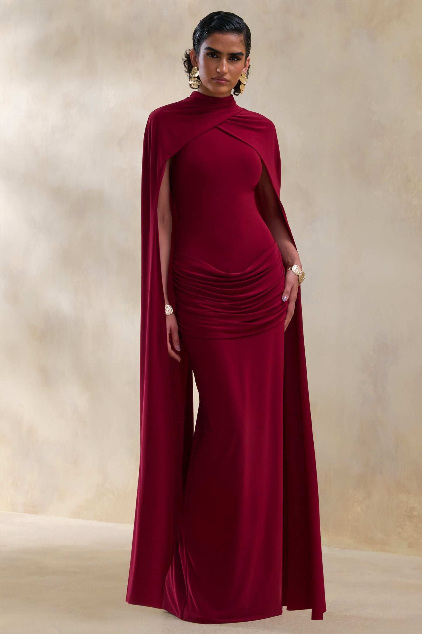 Dianelle | Berry High-Neck Maxi Dress With Cape-Sleeves