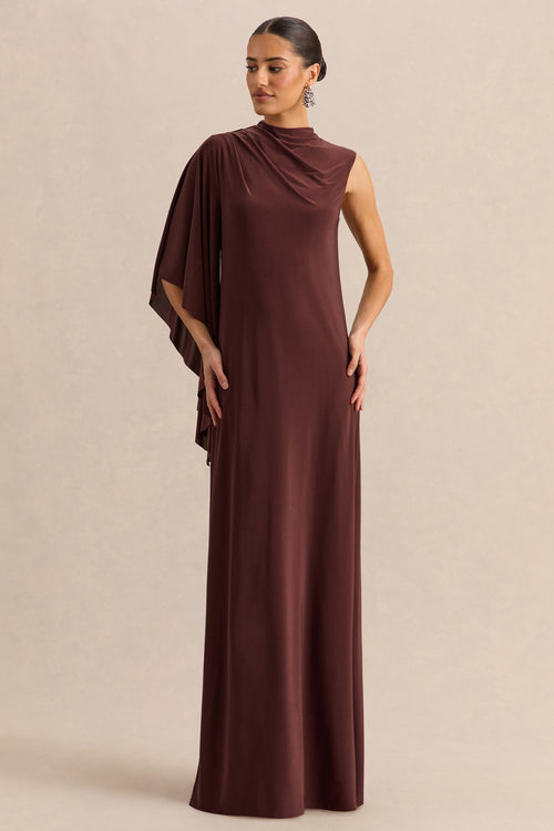 Marosia | Brown High-Neck Maxi Dress With Cape Sleeve