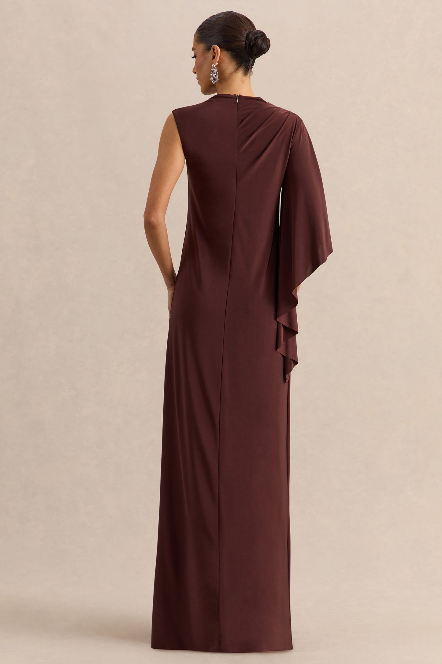 Marosia | Brown High-Neck Maxi Dress With Cape Sleeve