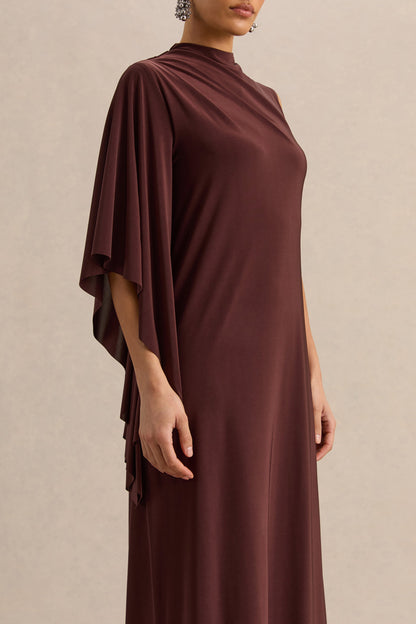 Marosia | Brown High-Neck Maxi Dress With Cape Sleeve