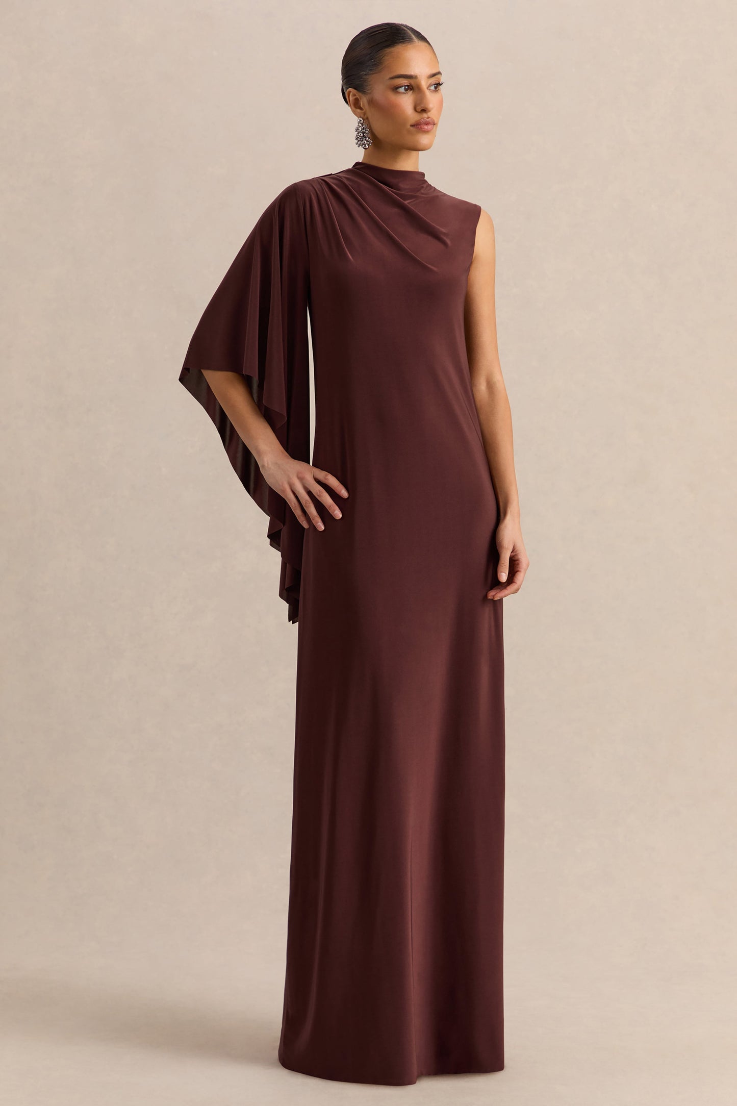 Marosia | Brown High-Neck Maxi Dress With Cape Sleeve