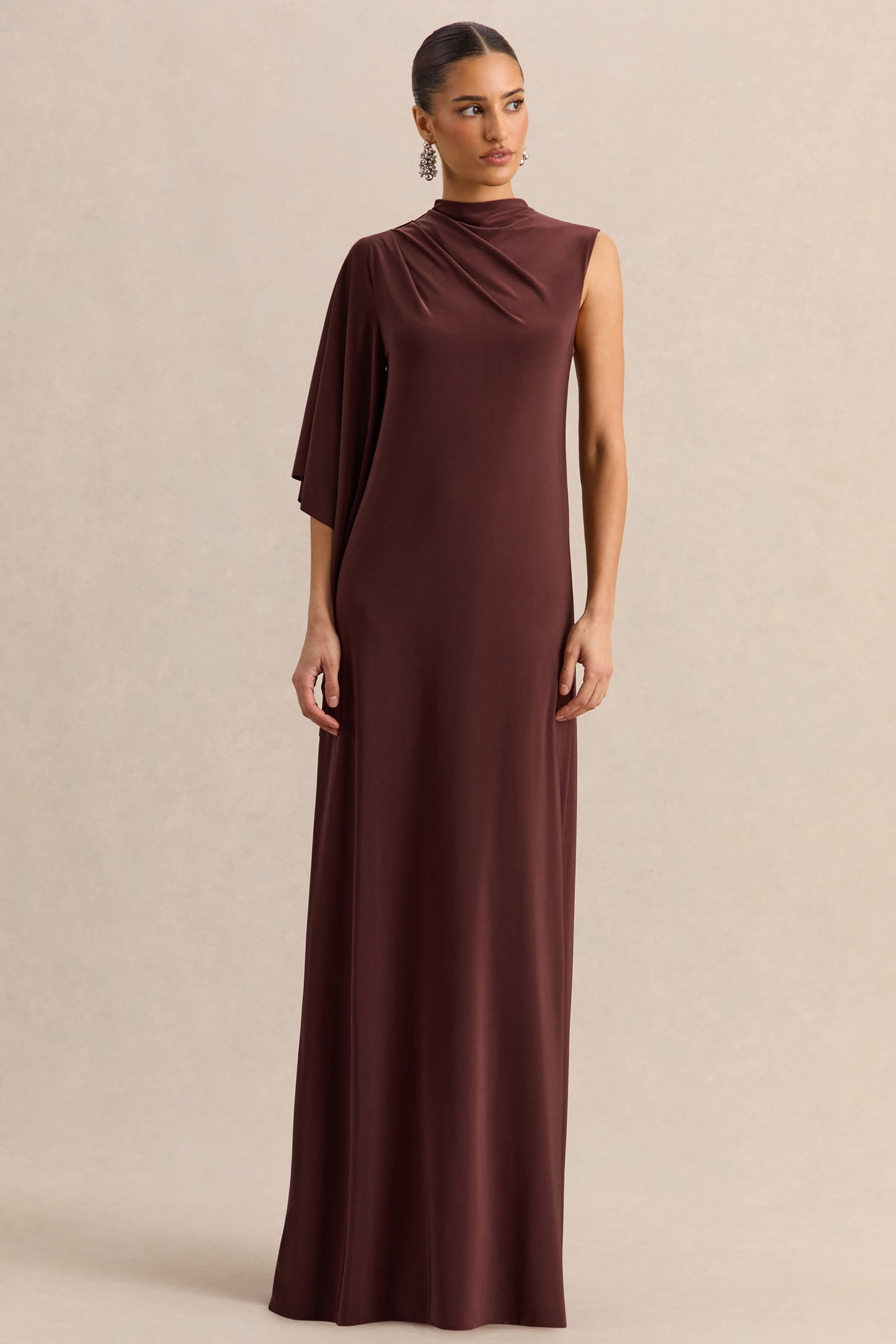 Marosia | Brown High-Neck Maxi Dress With Cape Sleeve