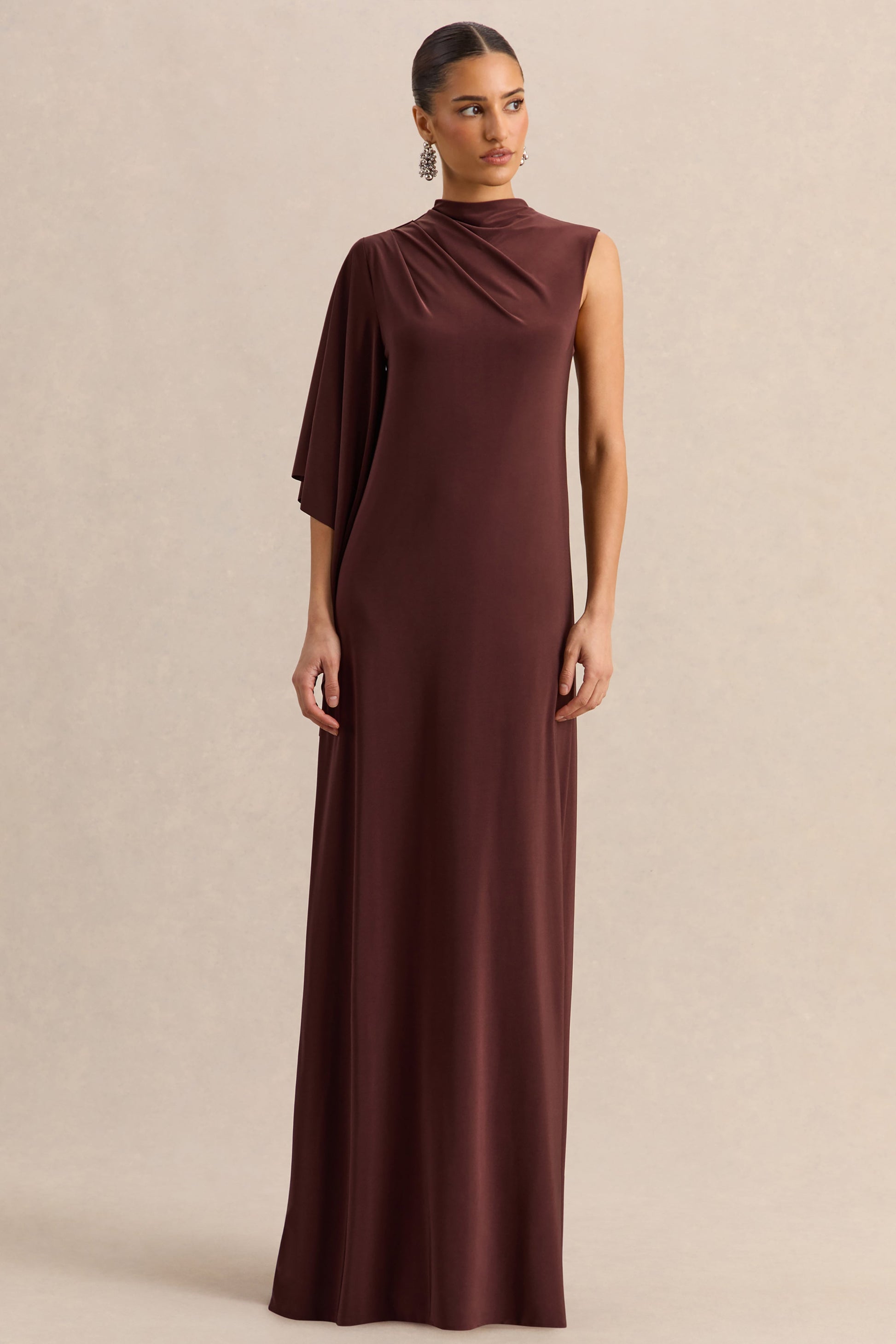 Marosia | Brown High-Neck Maxi Dress With Cape Sleeve