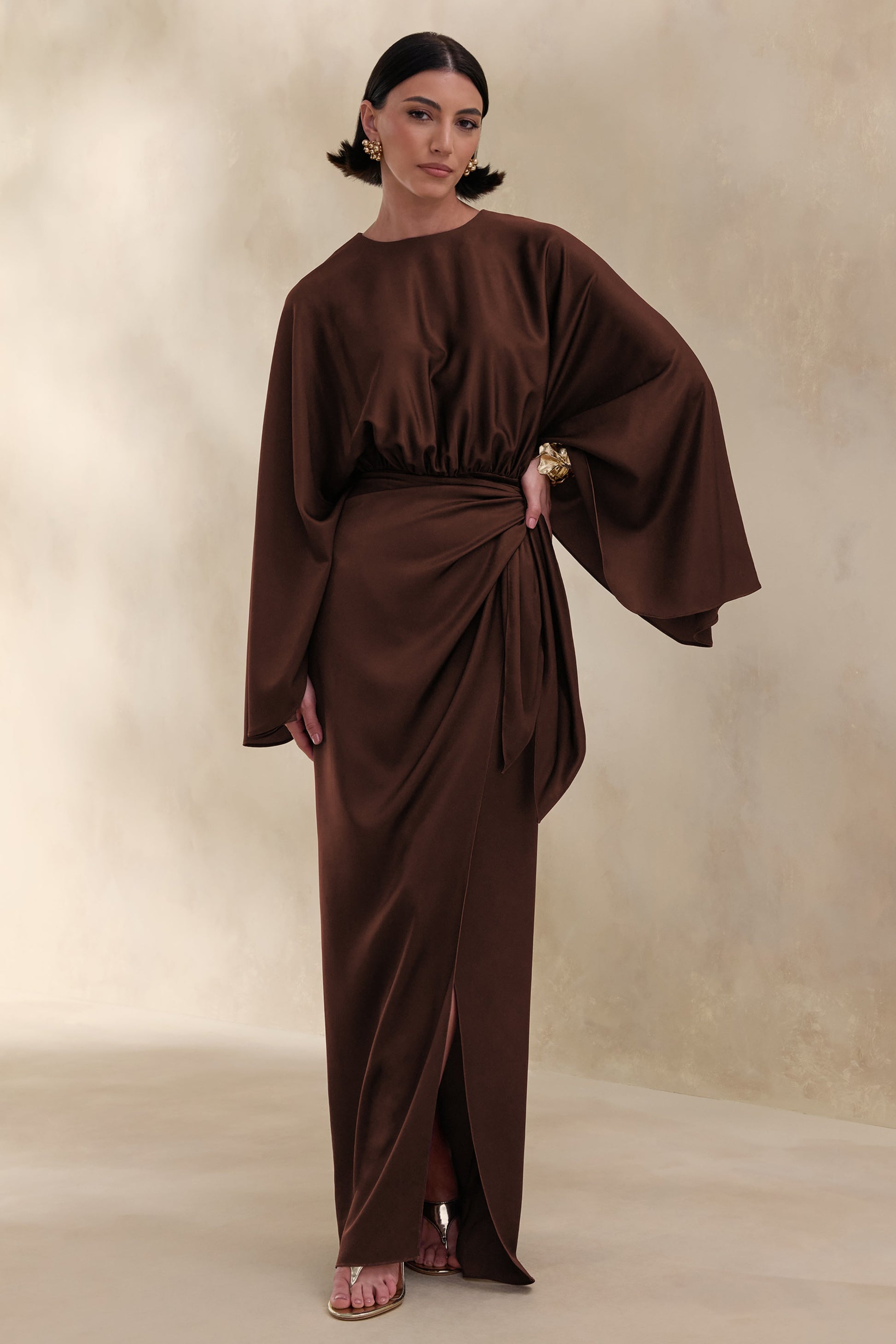 Delphina | Brown Satin Maxi Dress With Gathered And Knot-Detail