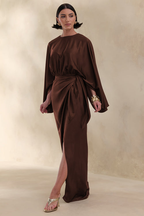 Delphina | Brown Satin Maxi Dress With Gathered And Knot-Detail
