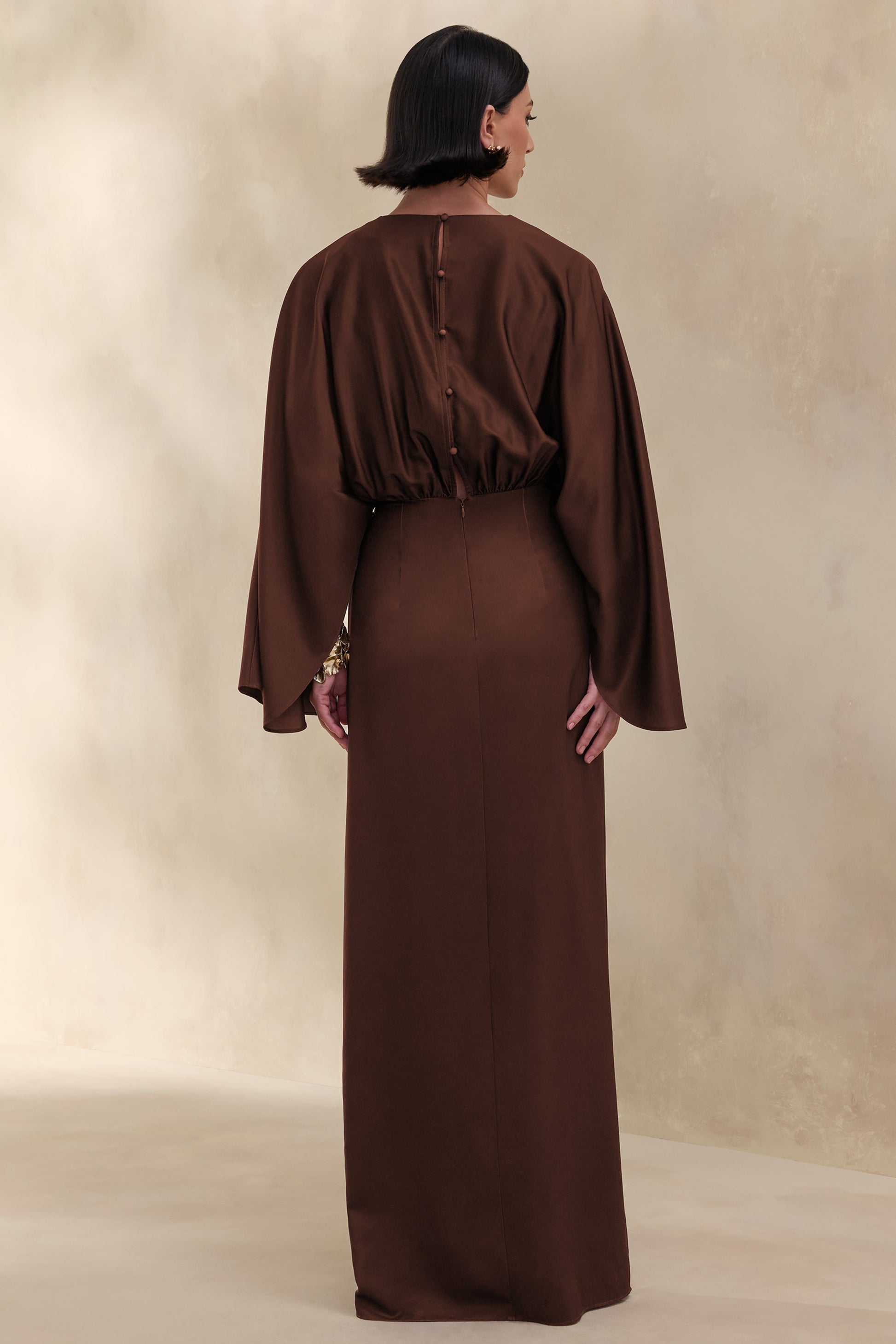 Delphina | Brown Satin Maxi Dress With Gathered And Knot-Detail