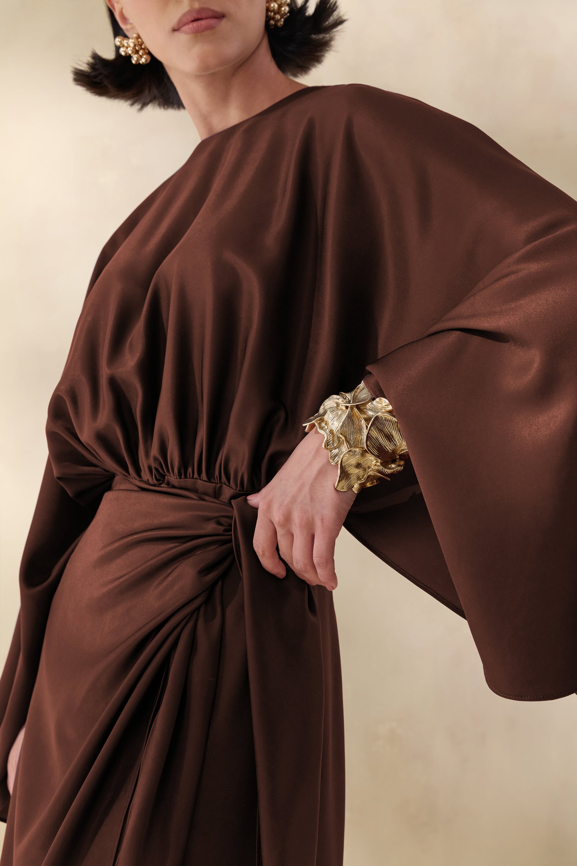 Delphina | Brown Satin Maxi Dress With Gathered And Knot-Detail
