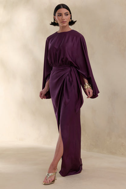 Delphina | Plum Satin Maxi Dress With Gathered And Knot-Detail