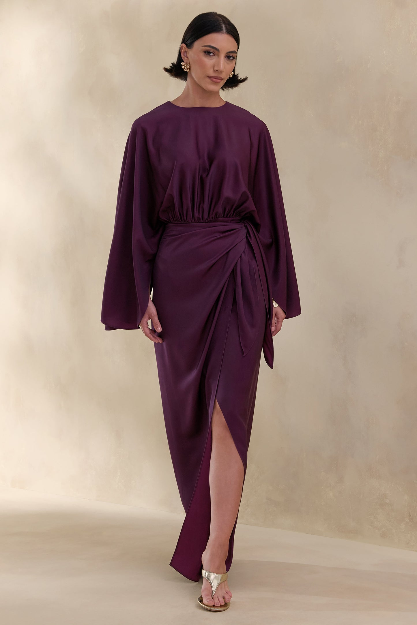 Delphina | Plum Satin Maxi Dress With Gathered And Knot-Detail