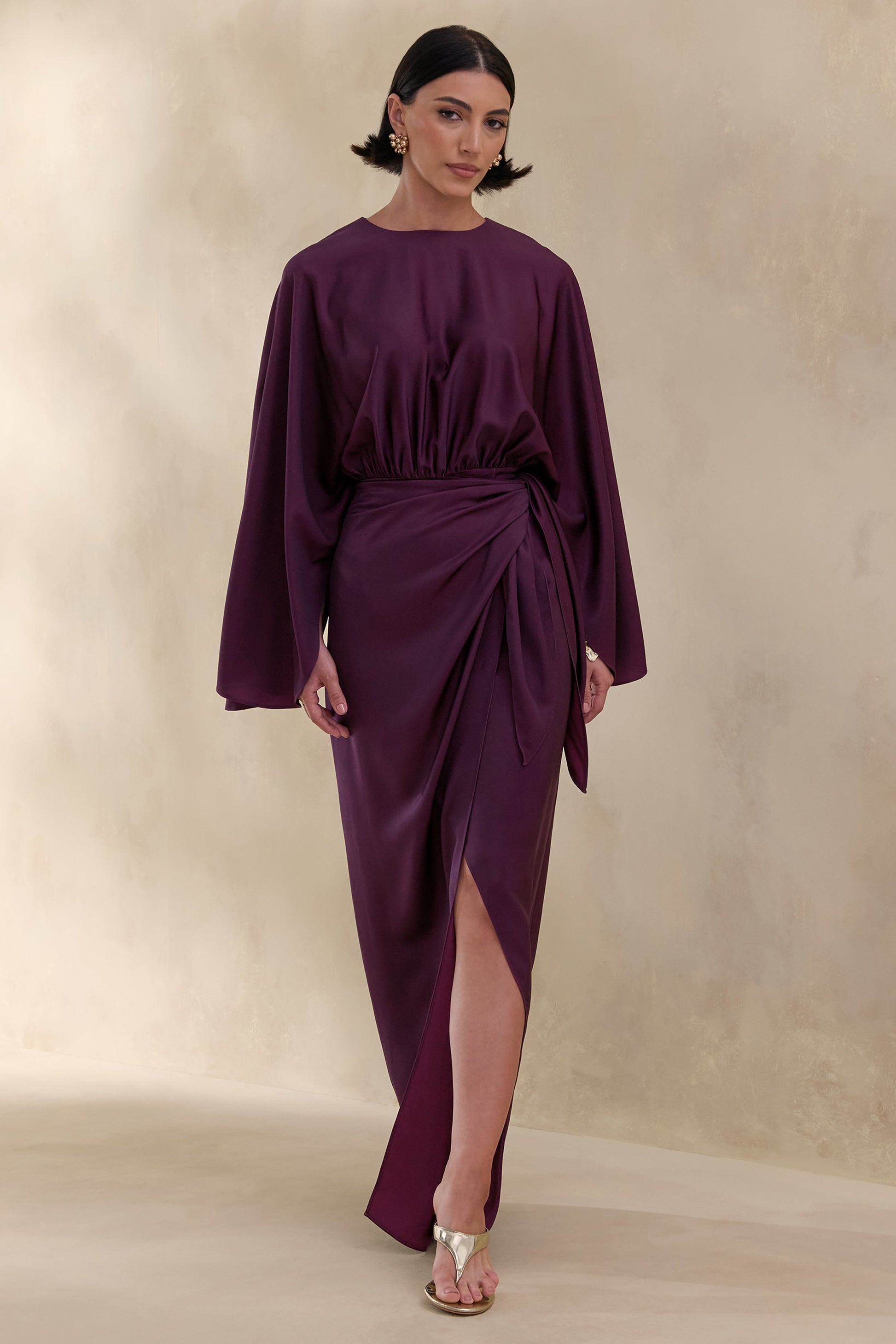 Delphina | Plum Satin Maxi Dress With Gathered And Knot-Detail