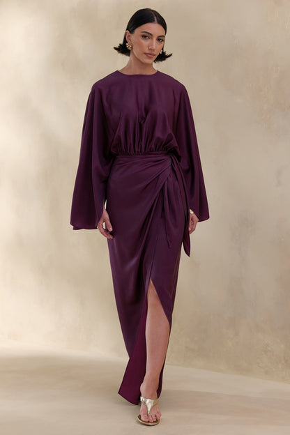 Delphina | Plum Satin Maxi Dress With Gathered And Knot-Detail