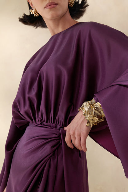 Delphina | Plum Satin Maxi Dress With Gathered And Knot-Detail