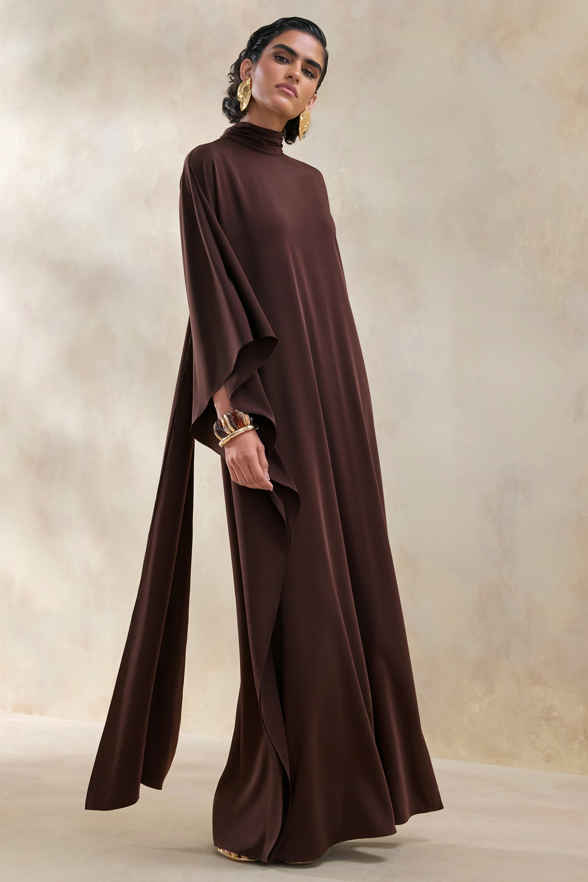 Lumisette | Brown Satin High-Neck Maxi Dress With Cape