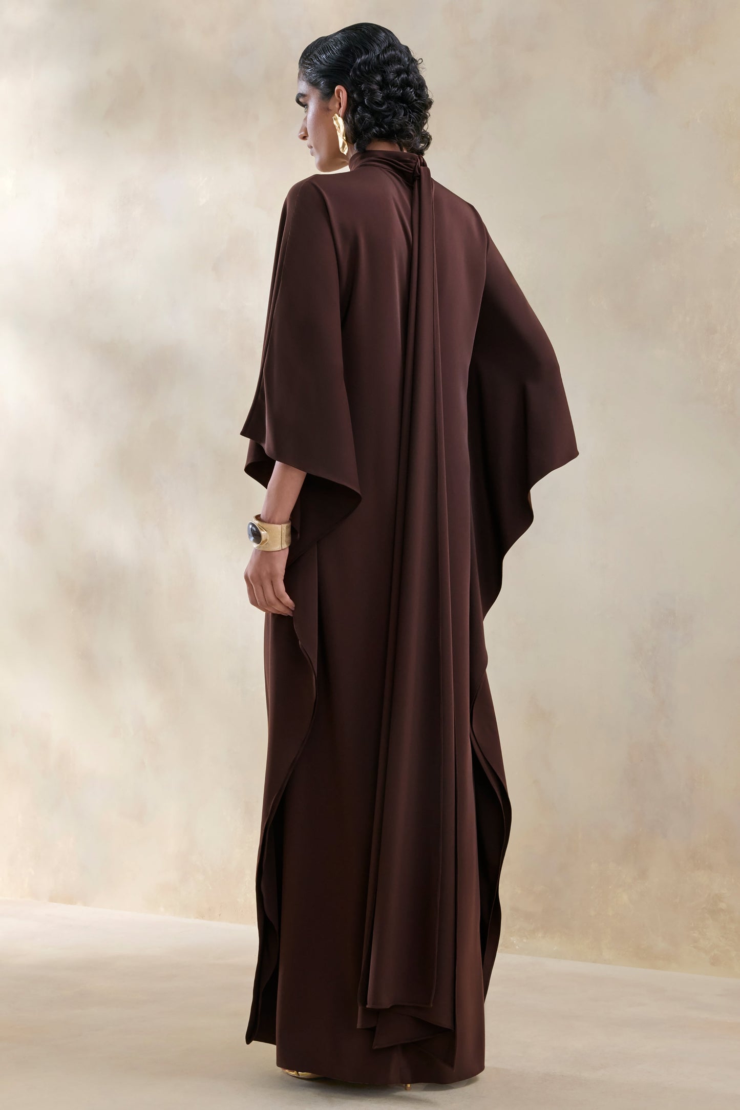 Lumisette | Brown Satin High-Neck Maxi Dress With Cape