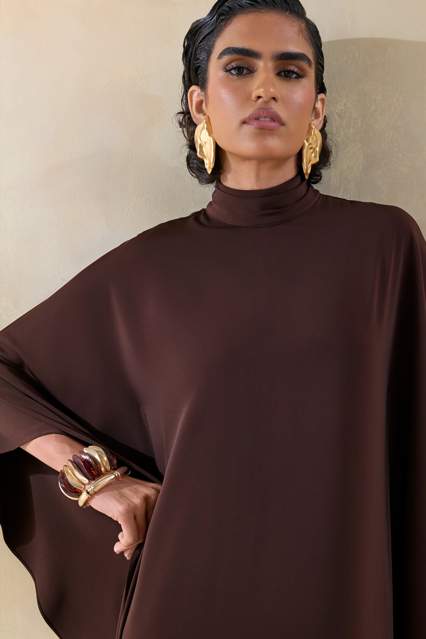 Lumisette | Brown Satin High-Neck Maxi Dress With Cape