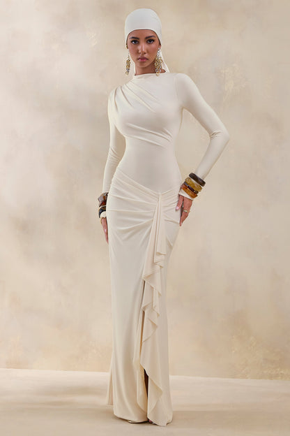 Karessa | Cream High-Neck Maxi Dress With Gathered Detailing And Front-High Split
