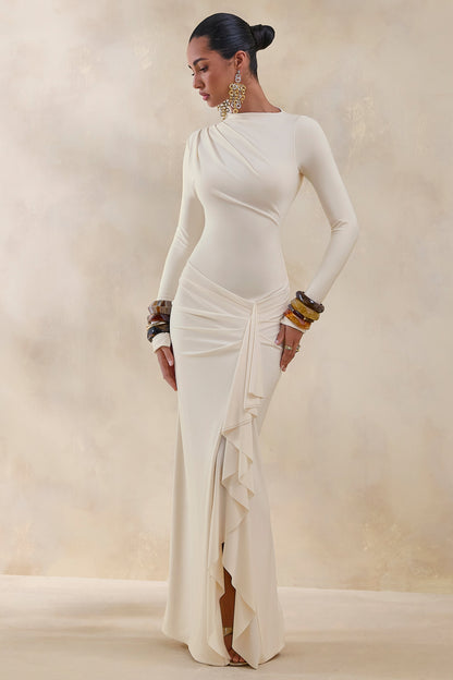 Karessa | Cream High-Neck Maxi Dress With Gathered Detailing And Front-High Split