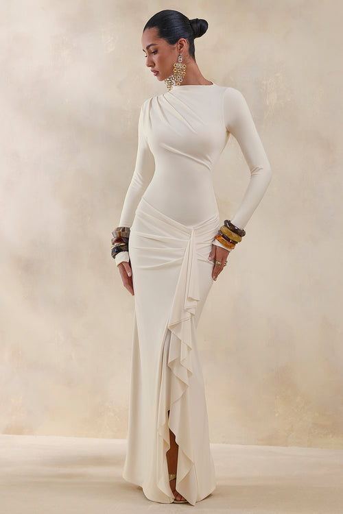 Karessa | Cream High-Neck Maxi Dress With Gathered Detailing And Front-High Split
