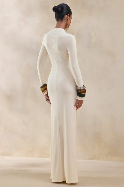 Karessa | Cream High-Neck Maxi Dress With Gathered Detailing And Front-High Split