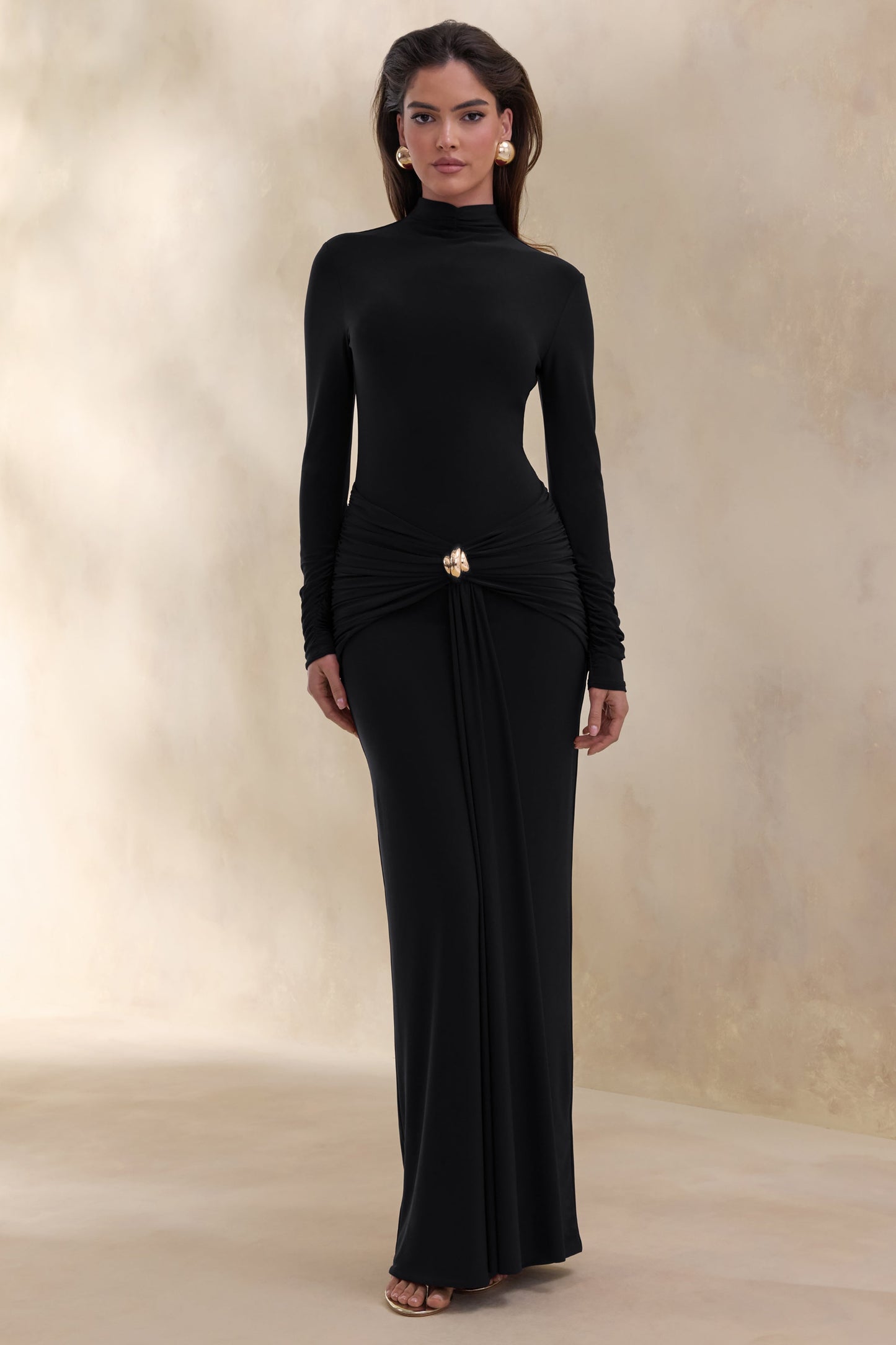 Ambrette | Black High-Neck Maxi Dress With Gathered-Detailing