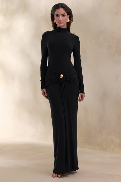 Ambrette | Black High-Neck Maxi Dress With Gathered-Detailing