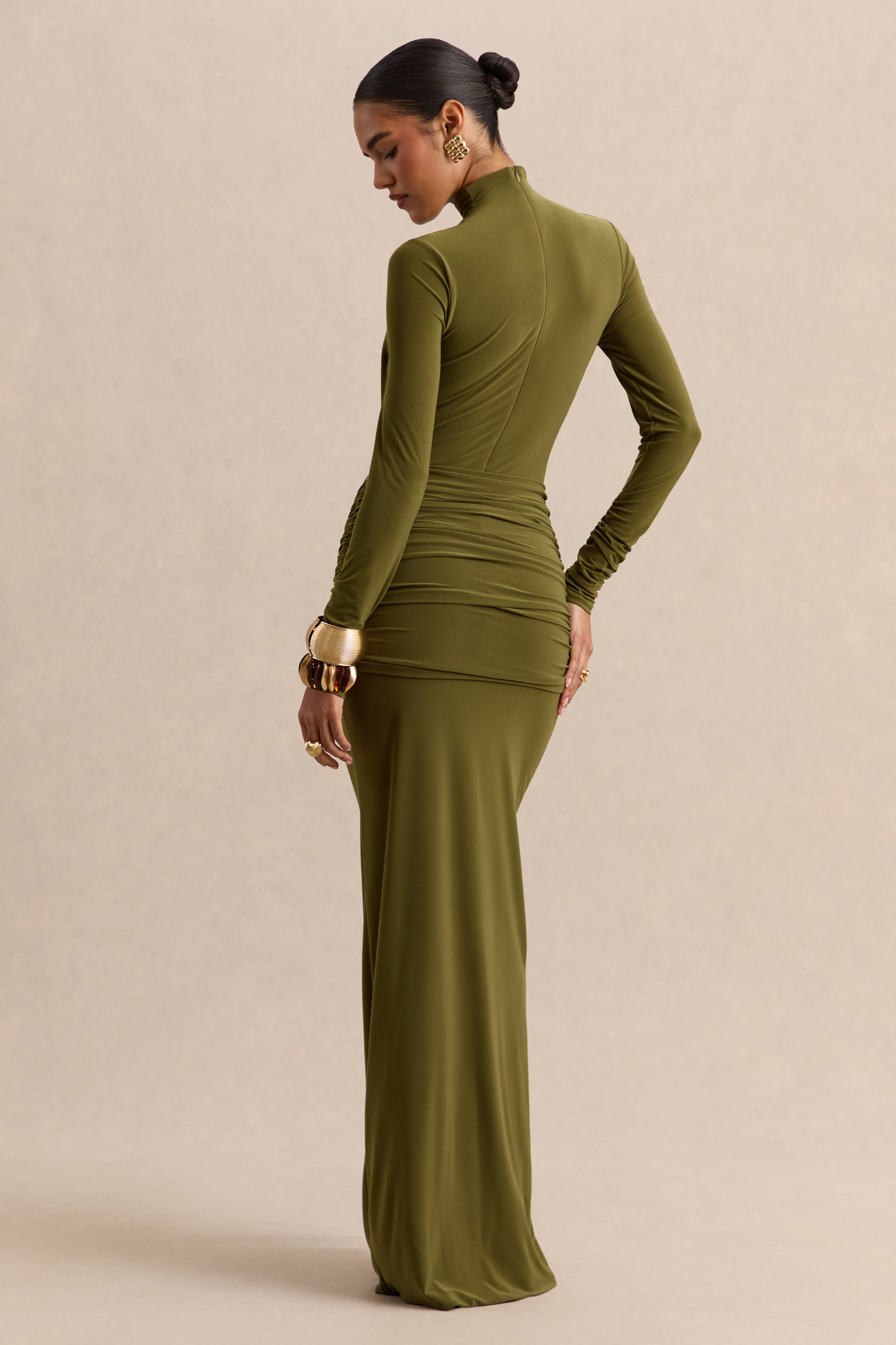 Ambrette | Olive High-Neck Maxi Dress With Gathered-Detailing