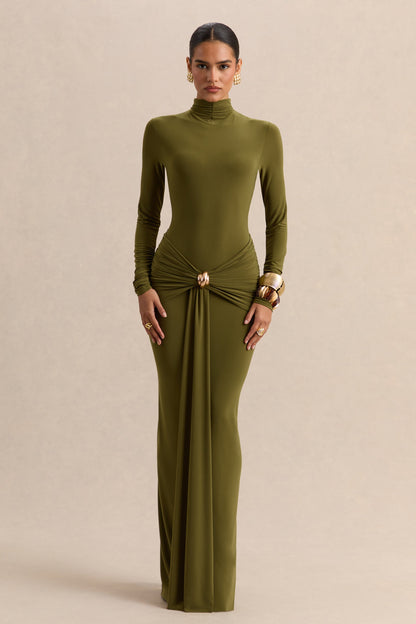 Ambrette | Olive High-Neck Maxi Dress With Gathered-Detailing