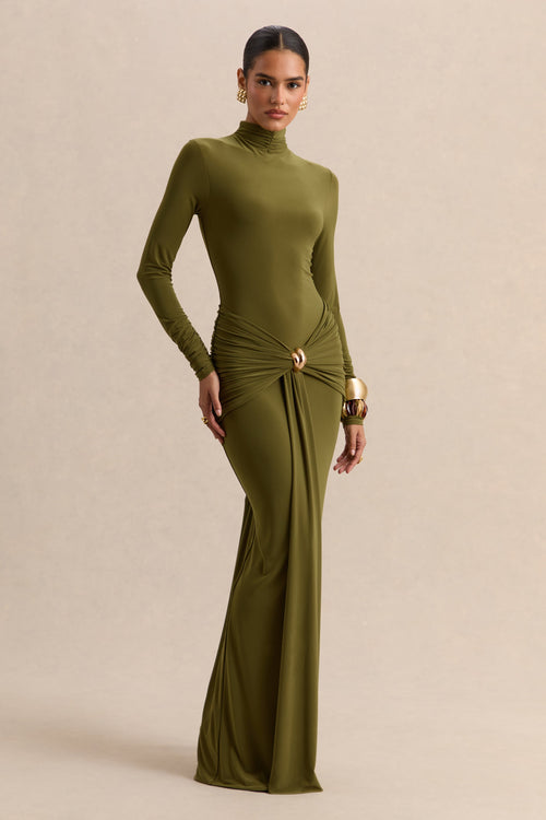Ambrette | Olive High-Neck Maxi Dress With Gathered-Detailing