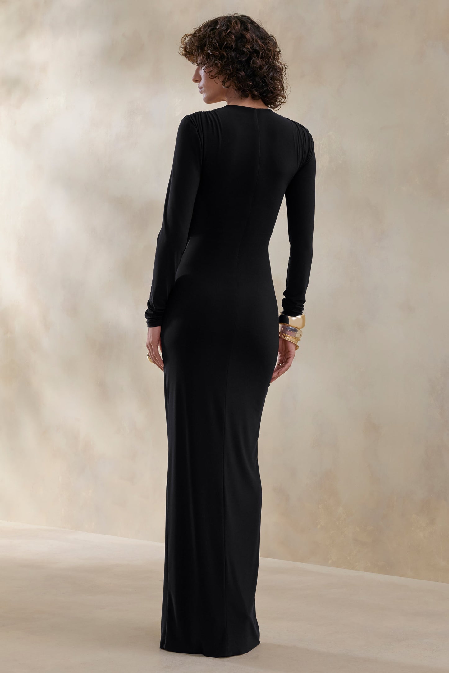 Desirelle | Black Crew-Neck Maxi Dress With Gathered-Detailing