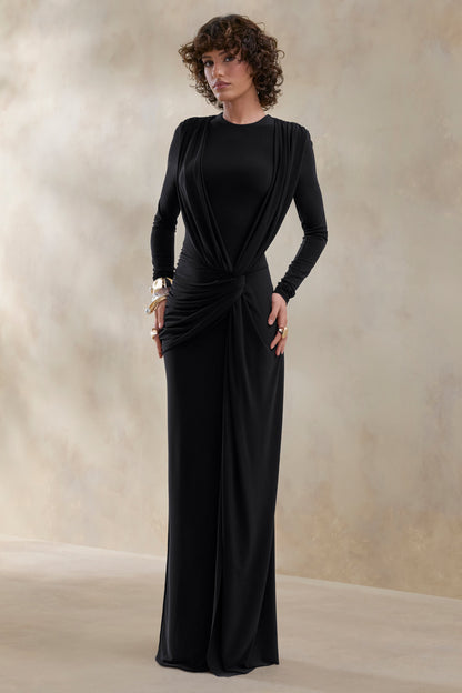 Desirelle | Black Crew-Neck Maxi Dress With Gathered-Detailing