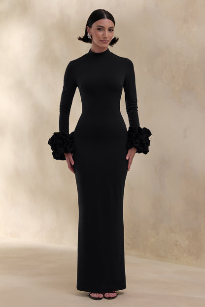 Jaselle | Black High-Neck Maxi Dress With Ruffled Satin-Cuffs