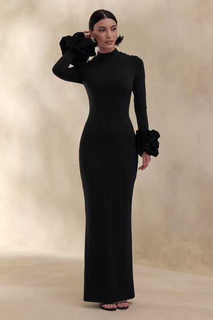 Jaselle | Black High-Neck Maxi Dress With Ruffled Satin-Cuffs