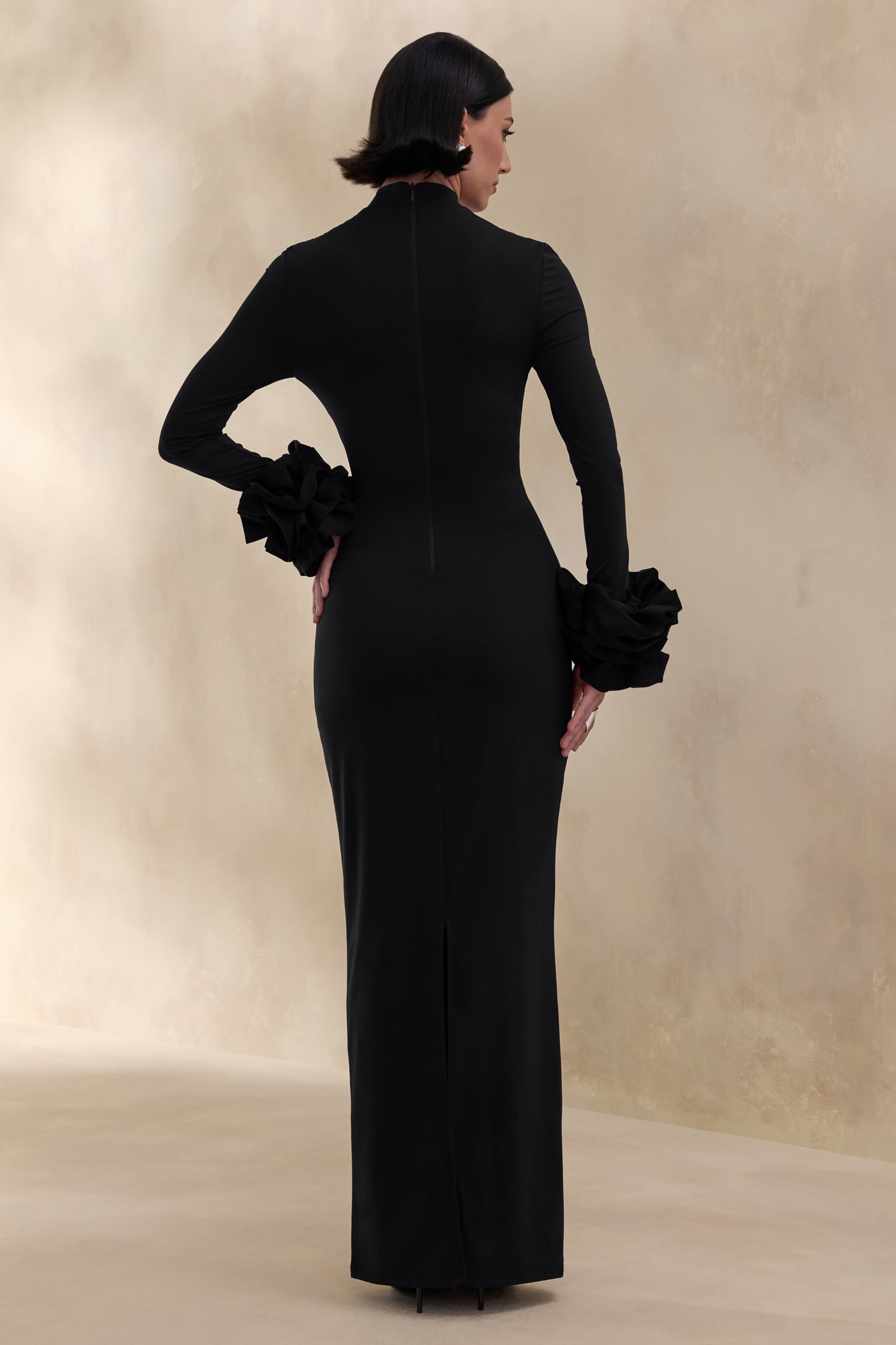 Jaselle | Black High-Neck Maxi Dress With Ruffled Satin-Cuffs