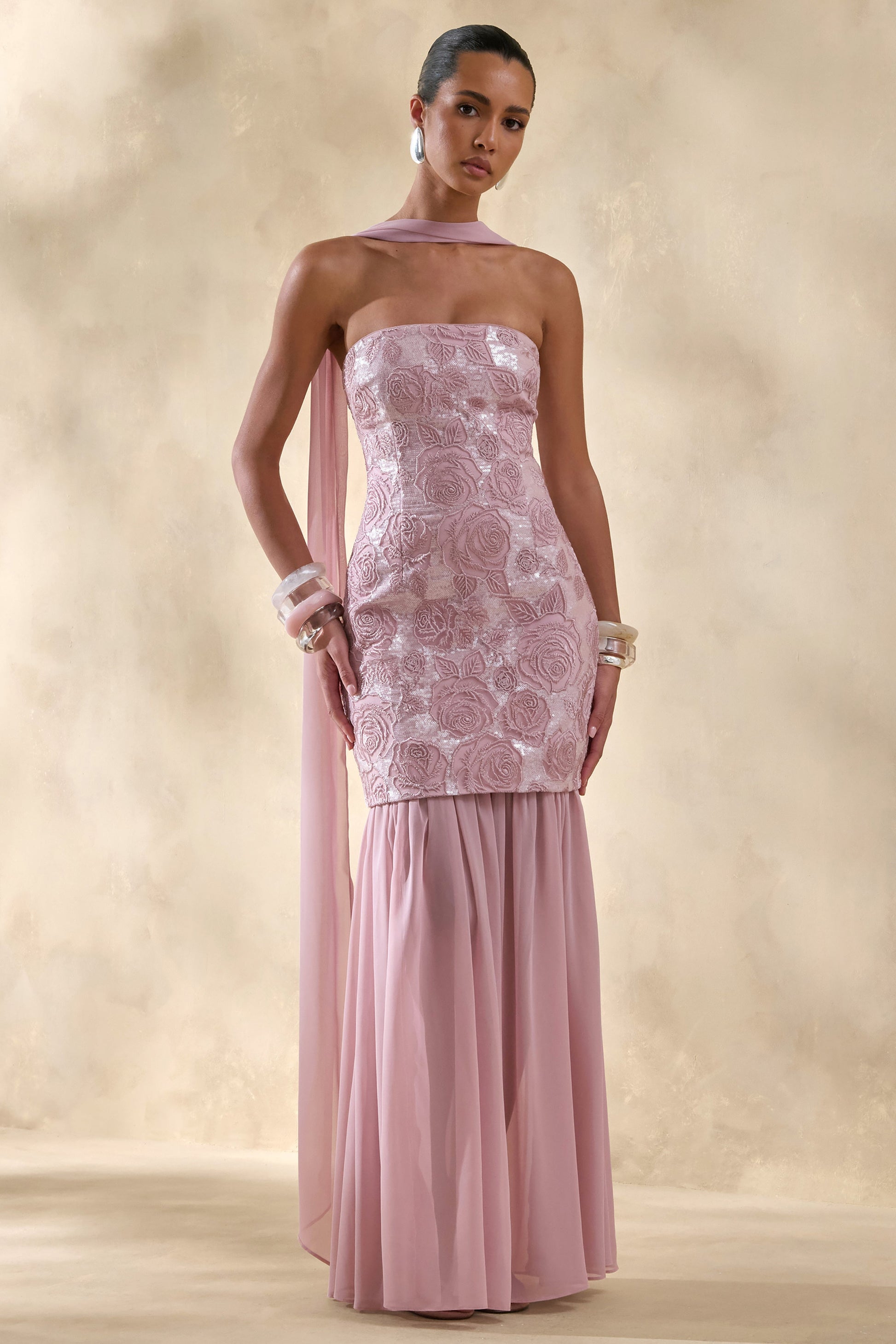 Meraly | Pink Sequin Bandeau Maxi Dress With Scarf-Detail