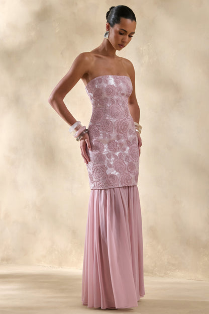 Meraly | Pink Sequin Bandeau Maxi Dress With Scarf-Detail